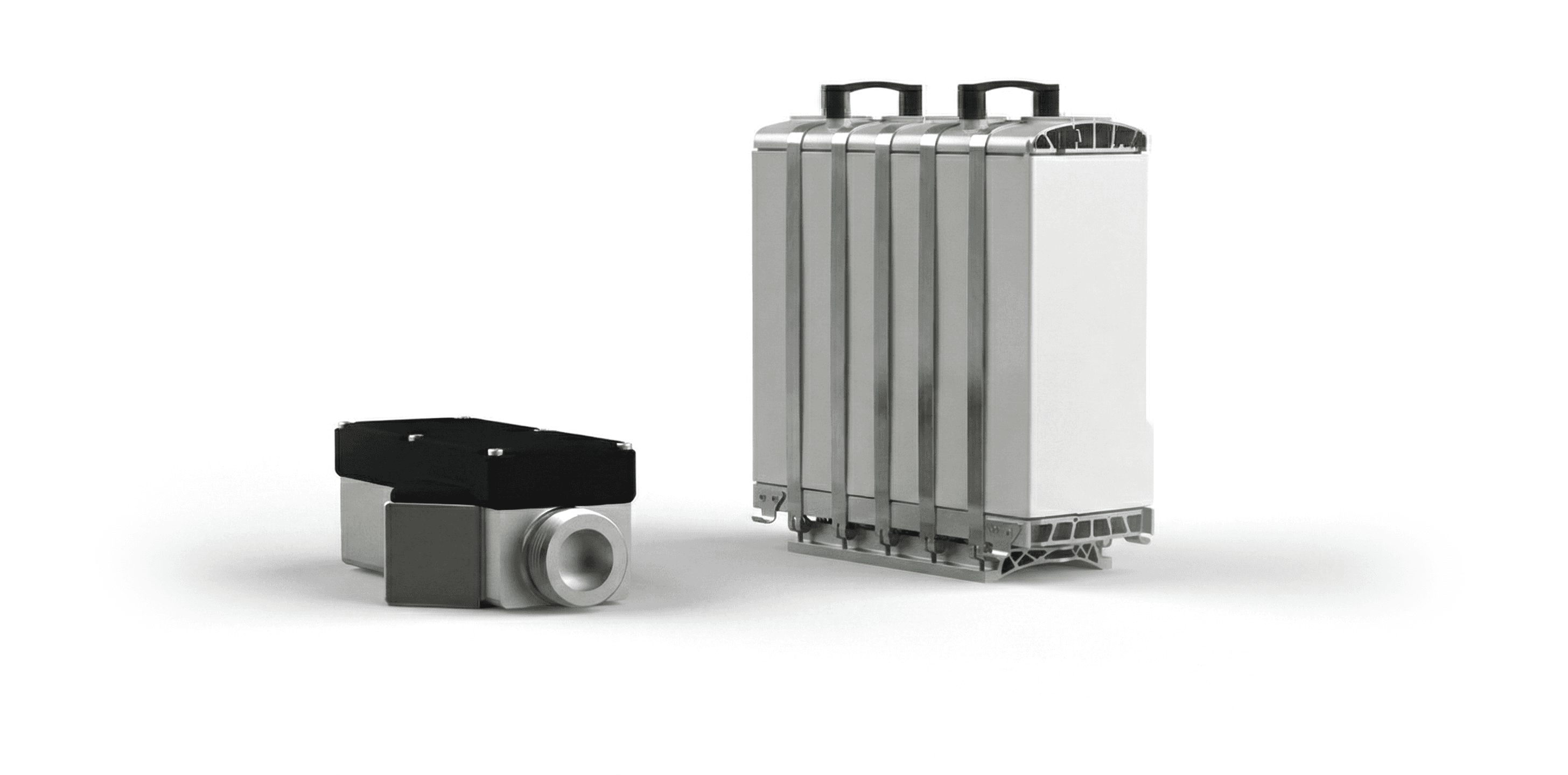 Allengra Hydrogen Flow Meter displayed next to a Hydrogen Fuel Cell.