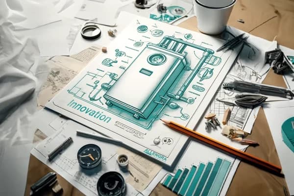 Un boceto de una caldera de gas sobre una mesa desordenada llena de utensilios de dibujo.