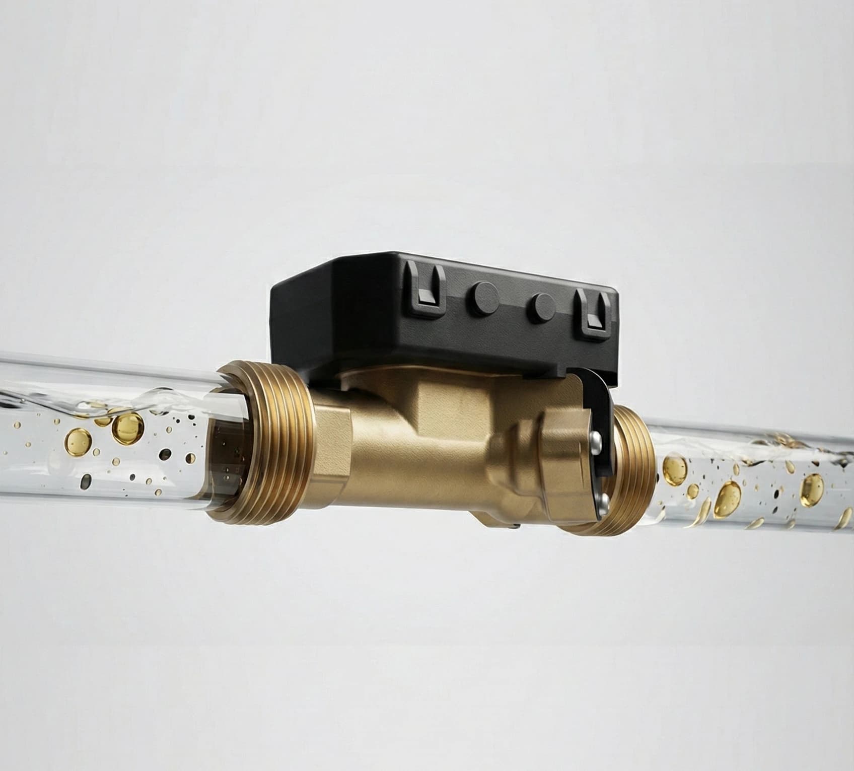Realistic photograph of Allengra ultrasonic flow meter mounted horizontally between two clear transparent pipes containing water with golden oil contamination bubbles against light background