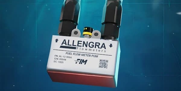 Metallic Fuel Flow Meter by Allengra positioned in a maritime environment, illustrating precise consumption measurement for sustainable shipping.
The ultrasonic sensor is shown with a label, symbolising its use onboard vessels at Europort 2025
