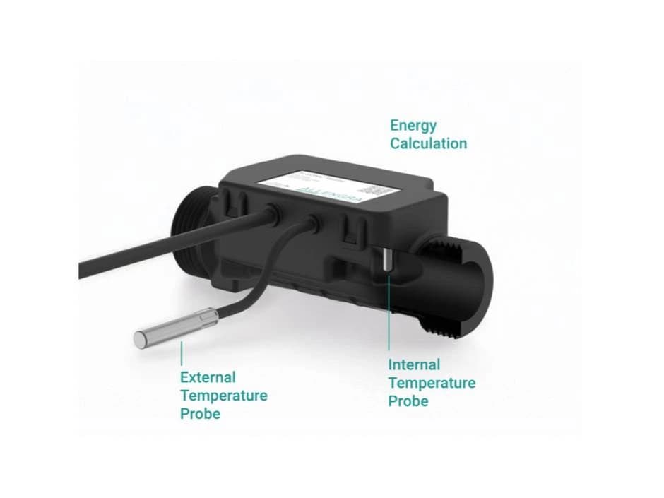 Ultraschall-Durchflusssensor „Alsonic“ von Allengra mit Außen- und Innentemperaturfühlern zur präzisen Wärmemengenmessung in Wärmepumpen.
Kompaktes schwarzes Gerät mit hydraulischer und elektronischer Schnittstelle, ohne bewegliche Teile.