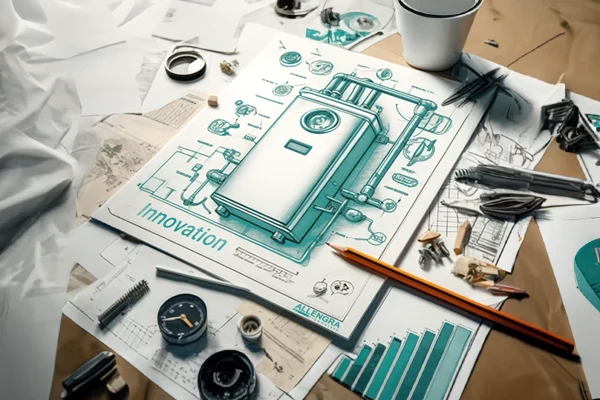 Eine Skizze eines Gaskessels auf einem unordentlichen Tisch voller Zeichenutensilien  